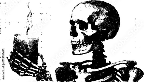Skeleton holding a candle in a vintage illustration. This black and white artwork enhances the mystical theme, featuring a gothic vector design.