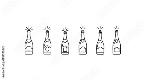 Six champagne bottles opening with bubbles and sparkles silhouette