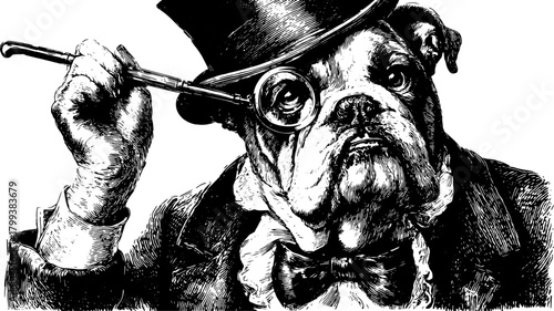 Vintage bulldog illustration with monocle and top hat. Stylish cartoon character in black and white vector illustration set.