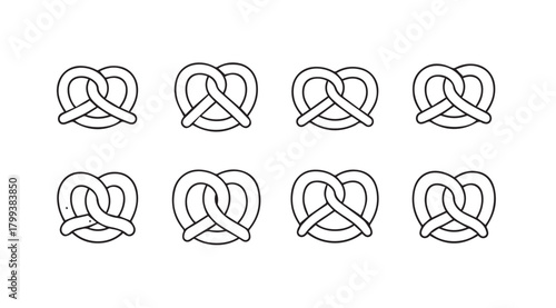 A collection of eight classic pretzel icons in a simple silhouette style