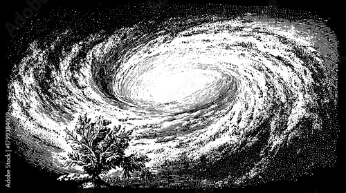 Vintage galaxy engraving in a swirling black and white vector illustration, showcasing astronomical elements with textured design in a unique set.