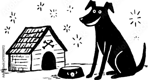 A black dog beside a doghouse. Simple cartoon illustration with a bowl, flat vector art set in an outdoor background.