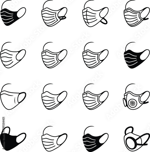 Collection of medical face mask icons in black and white , mask, medical mask, face mask, surgical mask, protection, health