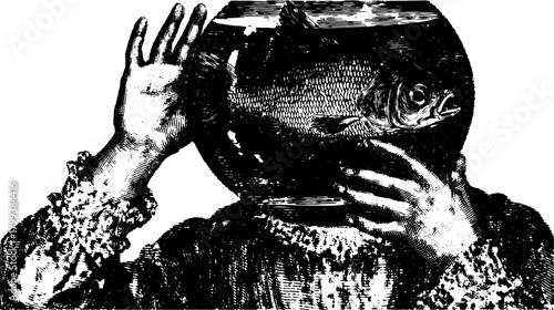 Vintage engraving of a fish bowl held in hands. Detailed vector illustration showcasing a surreal concept in black and white.