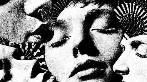 Black and white engravings in vintage line drawing style. Detailed vector illustration focused on face and expression, creating a unique visual set.