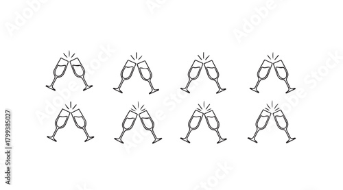 Eight clinking champagne glasses in a festive celebration silhouette