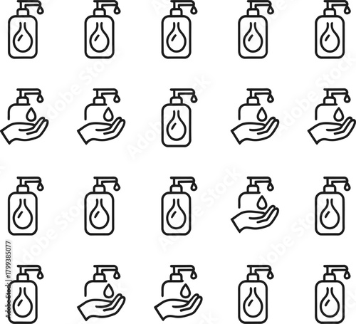 Hand sanitizer bottle and hand washing icons line art Keywords: hand sanitizer, soap dispenser, liquid soap, hygiene, clean hands, washing hands