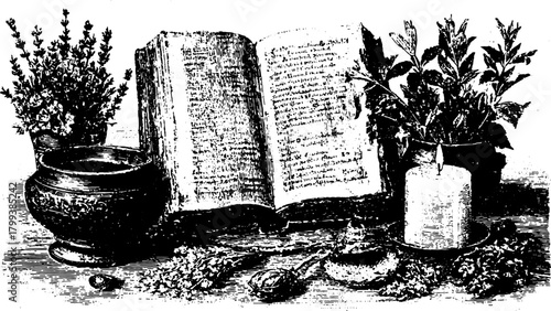 Engraving of an open book, candle, and vintage plants in a classic floral set. A detailed black and white vector illustration.