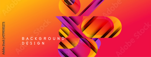 Abstract geometric shapes overlap vibrant orange, pink gradients. Modern design elements create dynamic visual impact. Background text present.