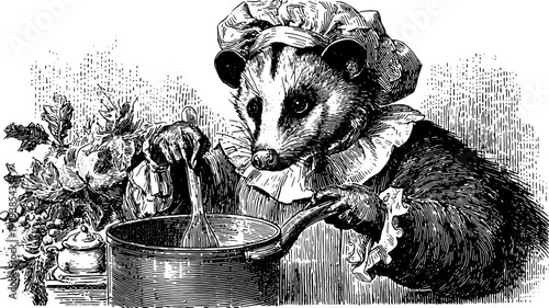 Vintage engraving illustration of a possum in a kitchen, cooking in a pot. This detailed vector art captures a charming retro scene.