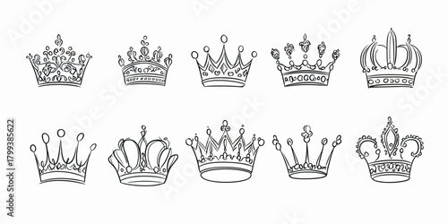 Set of ten hand drawn royal crowns and tiaras doodle line art vector illustrations with diverse styles and intricate decorative details for monarchy symbols