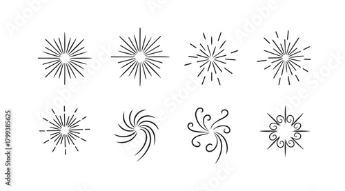 Collection of eight unique abstract starburst and swirl decorative elements silhouette