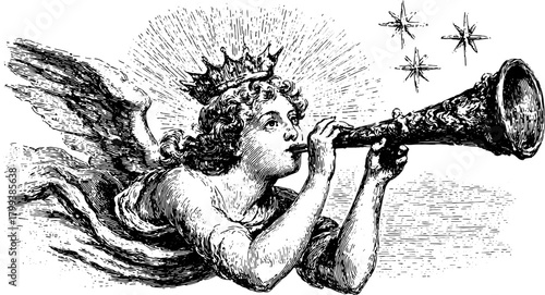 Angel with trumpet in vintage line art style. This vector illustration captures a beautiful figure celebrating with a musical horn, framed by clouds.