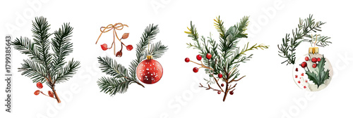 Christmas pine branches with red berries and festive ornaments watercolor vector illustration collection in minimalist style winter holiday decor elements set