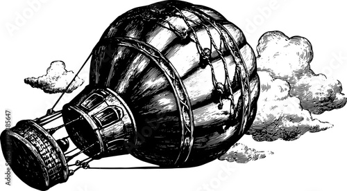 Hot air balloon engraving in vintage style. Black and white vector illustration of travel equipment with clouds in the sky.