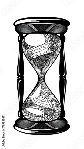 Intricate black and white hourglass with detailed mesh pattern silhouette timer symbol measuring passage of time vector illustration on white background