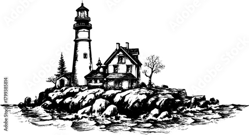 Lighthouse and house on rocks by water. Vintage line art vector illustration of a coastal landscape with detailed engraving style.