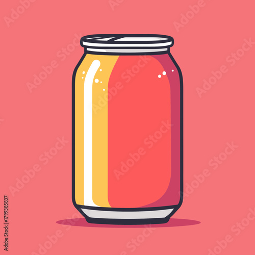Vibrant flat minimalist vector illustration of colorful soda can with warm yellow and red tones on pink background with highlights and shadow
