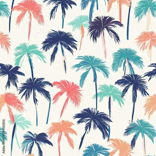 Colorful seamless pattern of stylized palm trees in coral, teal, and navy blue on light background with tropical summer vibe vector illustration