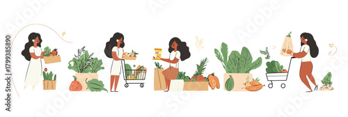 Women shopping fresh organic vegetables and groceries online with delivery and shopping carts flat vector illustration set