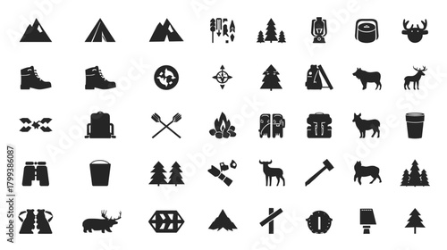 Collection of camping and outdoor themed vector icons in black and white.