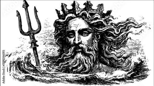 Neptune, the ocean god, depicted in a vintage line illustration. The set features detailed waves and a trident, presented in black and white vector format.