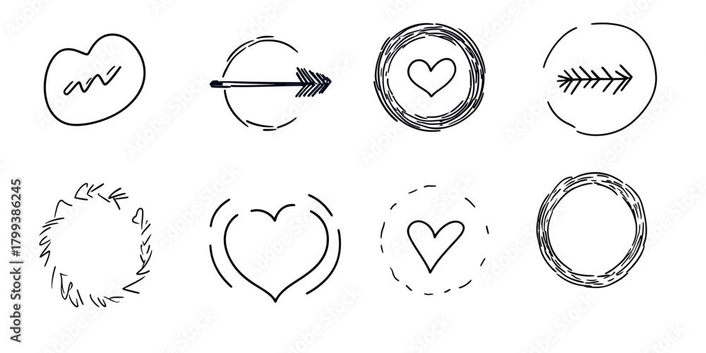 Fototapeta premium Hand drawn sketch arrow heart icons set with round scribble frames and doodle design elements in minimalist black line style for creative decoration