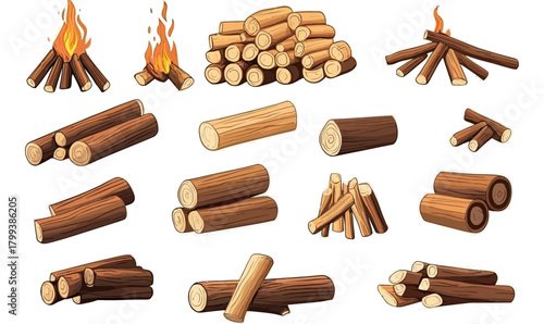 Collection of cartoon firewood stacks and bonfire logs illustration set with dry wooden sticks and tree trunks isolated on white background vector