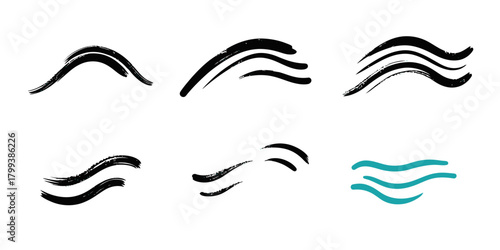 Set of black and teal wavy brush stroke underlines and squiggle accents, marker pen style emphasis lines for graphic design and decoration, vector illustration flat style
