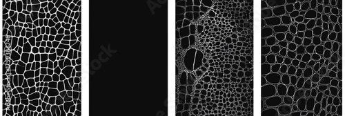 Set of four black and white reptile skin texture patterns with irregular geometric scales seamless backgrounds for textile and graphic design use in vertical layout