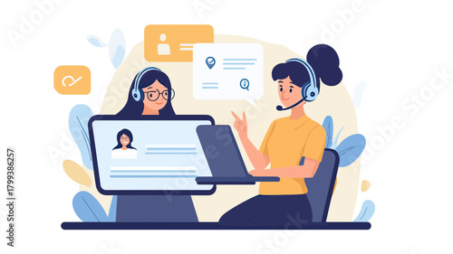 Customer service representative with headset working on laptop and video call monitor with client profile and communication icons in flat vector style online support concept