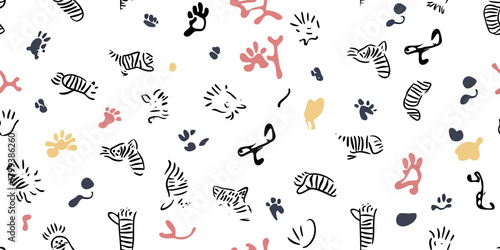 Seamless cat paw prints pattern with abstract colorful doodles and stripes on white background for pet design and textile decor