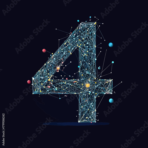 Number four digital wireframe with interconnected glowing nodes and planetary elements in cosmic space style abstract vector design for technology and science concepts