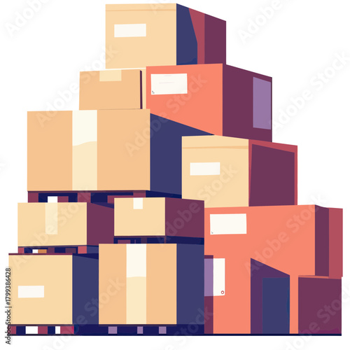 Stack of assorted cardboard boxes and packages arranged on pallets for warehouse storage and shipping logistics illustration in flat minimalist style