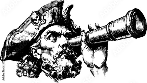 Pirate man with a telescope, vintage illustration style. Classic character portrait in line drawing vector format set.