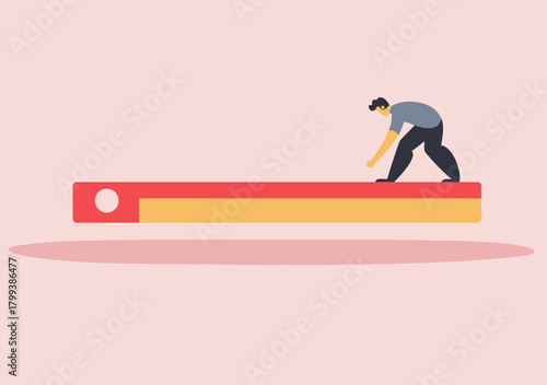 Man pushing red negative rating bar dissatisfaction feedback concept flat minimalist vector illustration with empty space background