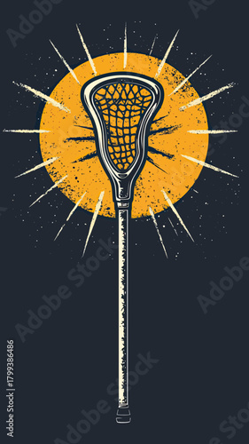 Vintage lacrosse stick with netted head and radiating sunburst background retro style minimalist vector design for sports gear illustration