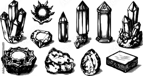 Detailed illustration of crystals in vintage engraving style. This black and white vector set showcases various mineral forms and textures.