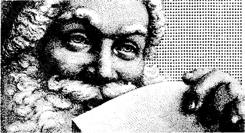 Santa Claus face illustration in a monochrome style. Detailed portrait with jolly expression, vector illustration showcasing holiday cheer.