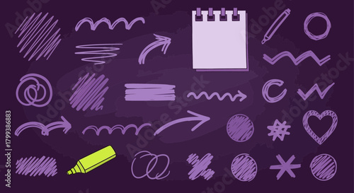 Illustration with abstract purple doodles on dark background for graphic design elements