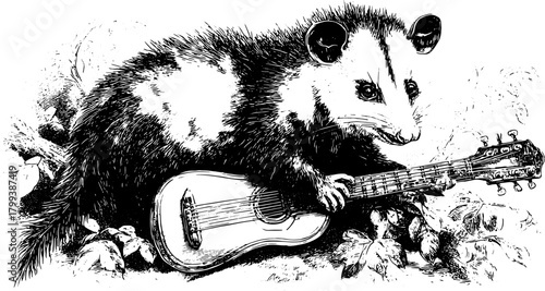 Possum playing guitar in a vintage art style. Detailed black and white vector illustration featuring engraving and outline techniques in a natural setting.