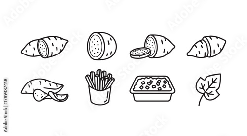 Collection of sweet potato illustrations showing various forms and preparations silhouette