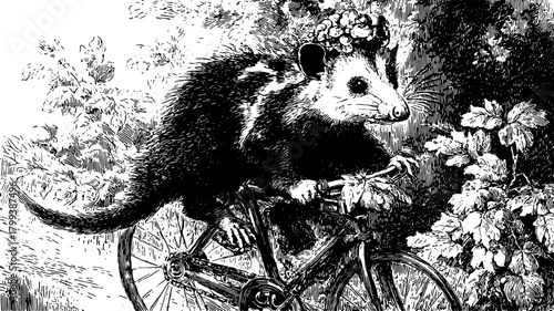 Possum riding a bike in vintage line art. Engravings with botanical elements create a detailed vector illustration.