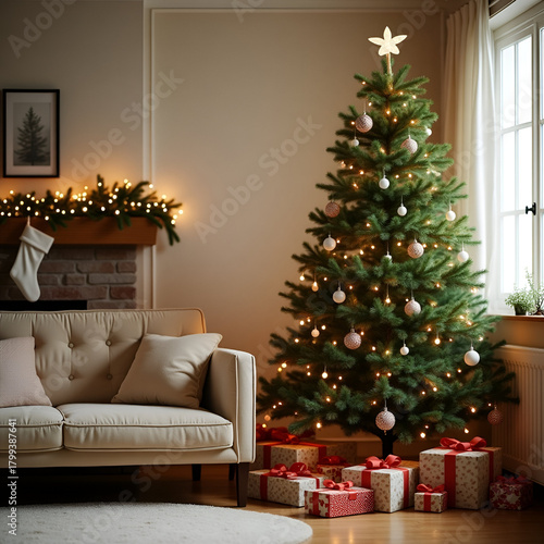 Cozy Living Room with Decorated Christmas Tree, Fireplace, and Gifts