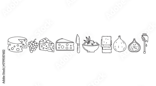 A lineup of delicious food items in a simple black and white silhouette