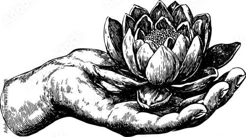 Hand holding a lotus flower with detailed petals and palm. Black and white vintage botanical vector illustration.