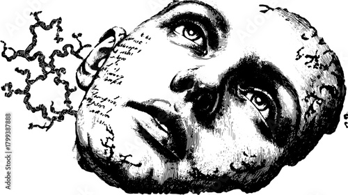 Head portrait illustration in black and white. This vintage vector illustration depicts intricate details and human expression exploring concepts of mind and creativity.