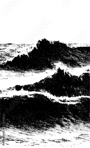 Black and white ocean waves illustration with textured style. This vector artwork depicts a natural scene of water movement.