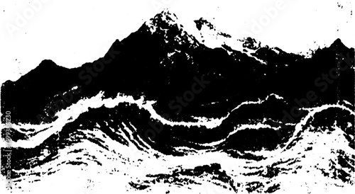 Mountain and ocean waves illustrated in black and white. Textured landscape vector illustration showcasing silhouettes and scenic views.