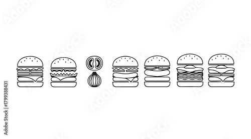 A row of detailed burger illustrations in silhouette style